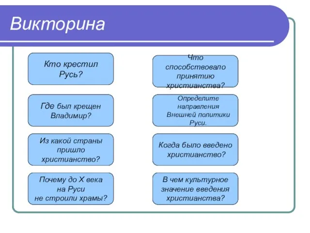 Викторина Кто крестил Русь? Где был крещен Владимир? Из какой страны