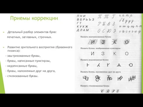 Приемы коррекции Детальный разбор элементов букв: печатных, заглавных, строчных. Развитие зрительного