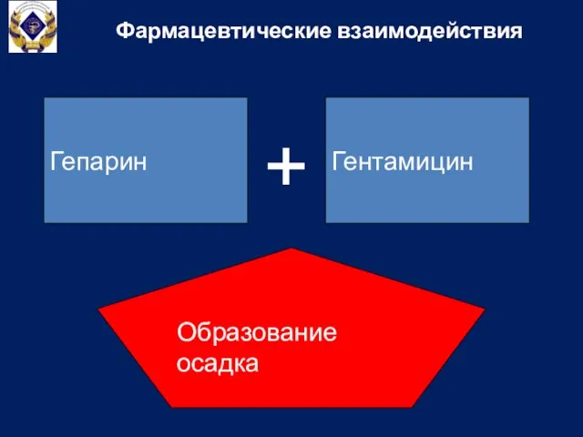 Гепарин Гентамицин Образование осадка + Фармацевтические взаимодействия