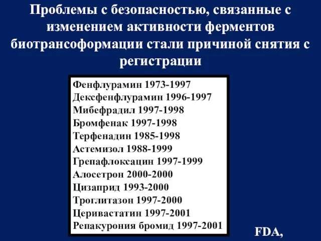 FDA, 2007 Проблемы с безопасностью, связанные с изменением активности ферментов биотрансоформации