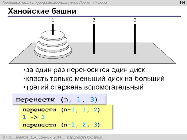 Ханойские башни за один раз переносится один диск класть только меньший