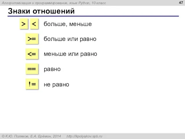 Знаки отношений > >= == != больше, меньше больше или равно