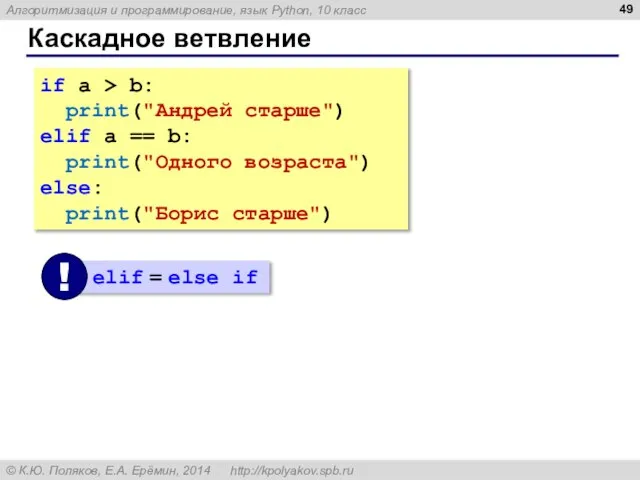 Каскадное ветвление if a > b: print("Андрей старше") elif a ==