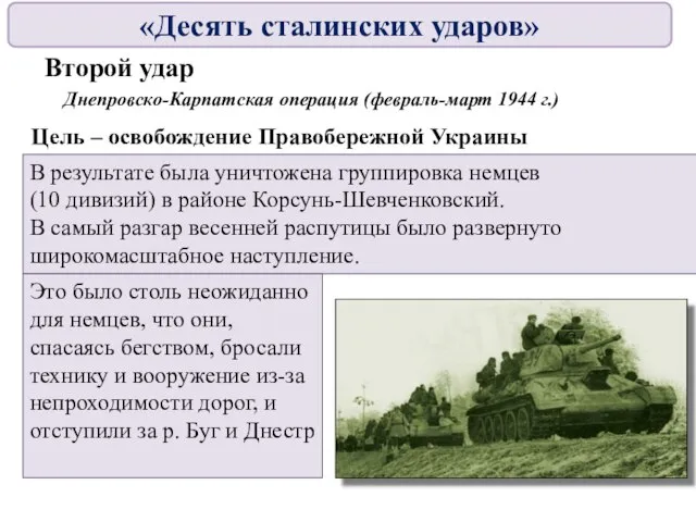 Второй удар Днепровско-Карпатская операция (февраль-март 1944 г.) Цель – освобождение Правобережной