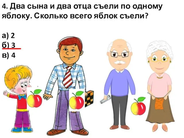 4. Два сына и два отца съели по одному яблоку. Сколько