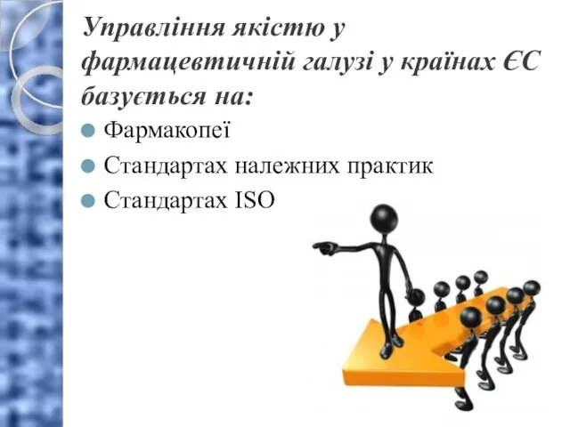 Управління якістю у фармацевтичній галузі у країнах ЄС базується на: Фармакопеї Стандартах належних практик Стандартах ISO