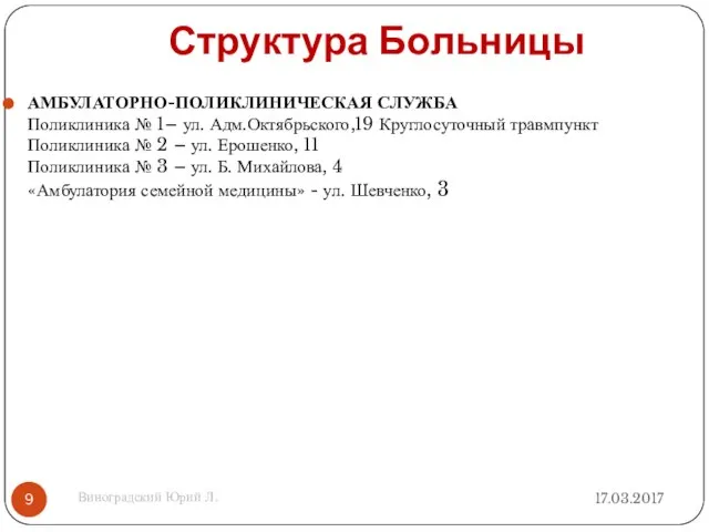 Структура Больницы 17.03.2017 Виноградский Юрий Л. АМБУЛАТОРНО-ПОЛИКЛИНИЧЕСКАЯ СЛУЖБА Поликлиника № 1–