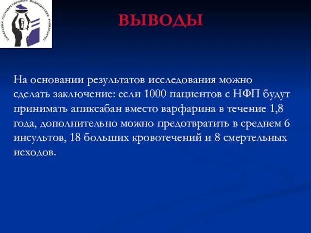 ВЫВОДЫ На основании результатов исследования можно сделать заключение: если 1000 пациентов