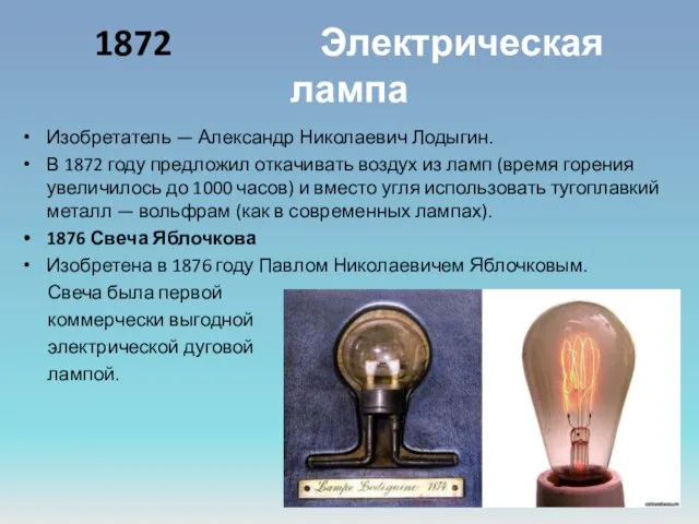 1872 Электрическая лампа Изобретатель — Александр Николаевич Лодыгин. В 1872 году