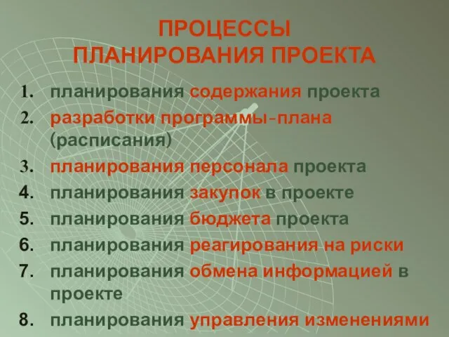 ПРОЦЕССЫ ПЛАНИРОВАНИЯ ПРОЕКТА планирования содержания проекта разработки программы-плана (расписания) планирования персонала