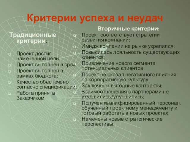 Критерии успеха и неудач Традиционные критерии: Проект достиг намеченной цели; Проект