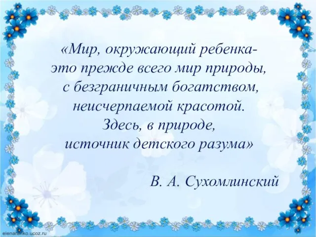 «Мир, окружающий ребенка- это прежде всего мир природы, с безграничным богатством,