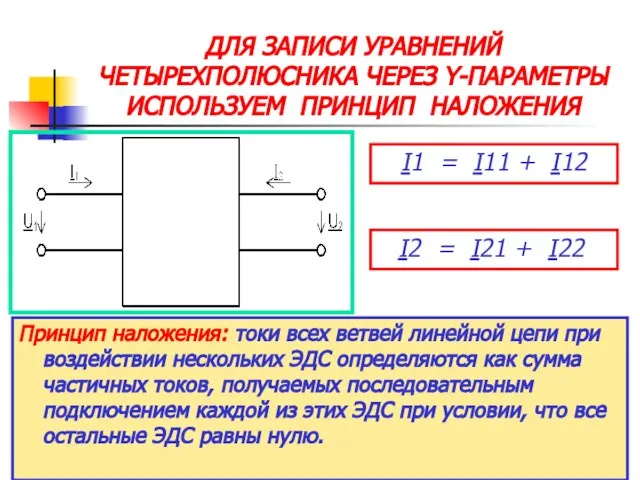 ДЛЯ ЗАПИСИ УРАВНЕНИЙ ЧЕТЫРЕХПОЛЮСНИКА ЧЕРЕЗ Y-ПАРАМЕТРЫ ИСПОЛЬЗУЕМ ПРИНЦИП НАЛОЖЕНИЯ Принцип наложения: