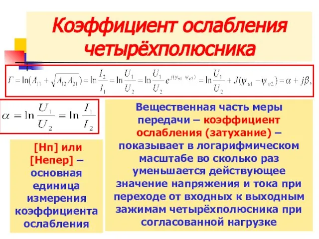 Коэффициент ослабления четырёхполюсника Вещественная часть меры передачи – коэффициент ослабления (затухание)