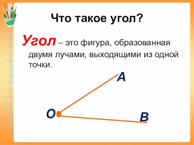 Что такое угол? Угол – это фигура, образованная двумя лучами, выходящими из одной точки.