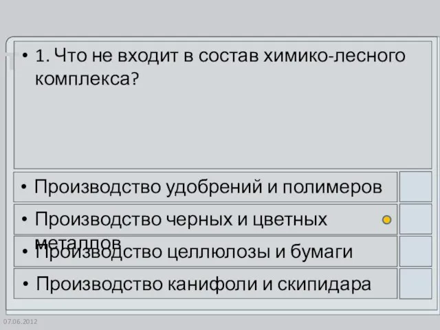 07.06.2012 1. Что не входит в состав химико-лесного комплекса? Производство удобрений