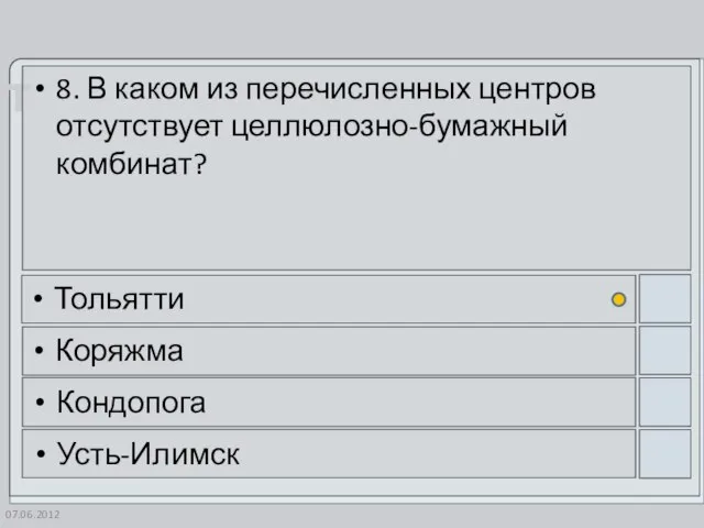 07.06.2012 8. В каком из перечисленных центров отсутствует целлюлозно-бумажный комбинат? Тольятти Коряжма Кондопога Усть-Илимск