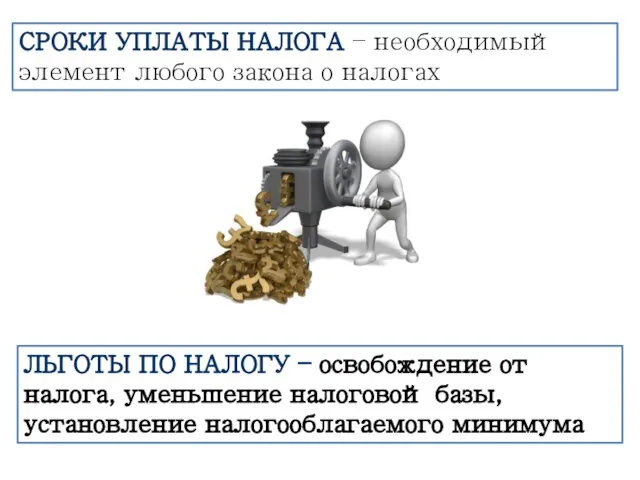 СРОКИ УПЛАТЫ НАЛОГА – необходимый элемент любого закона о налогах ЛЬГОТЫ