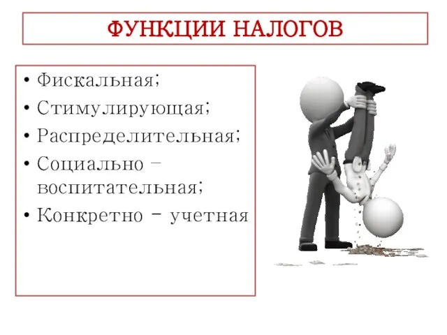 ФУНКЦИИ НАЛОГОВ Фискальная; Стимулирующая; Распределительная; Социально – воспитательная; Конкретно - учетная