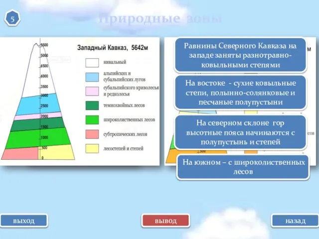 выход назад Природные зоны 5 ? ? ? субтропики степь полупустыня