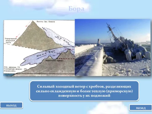 Бора Сильный холодный ветер с хребтов, разделяющих сильно охлажденную и более