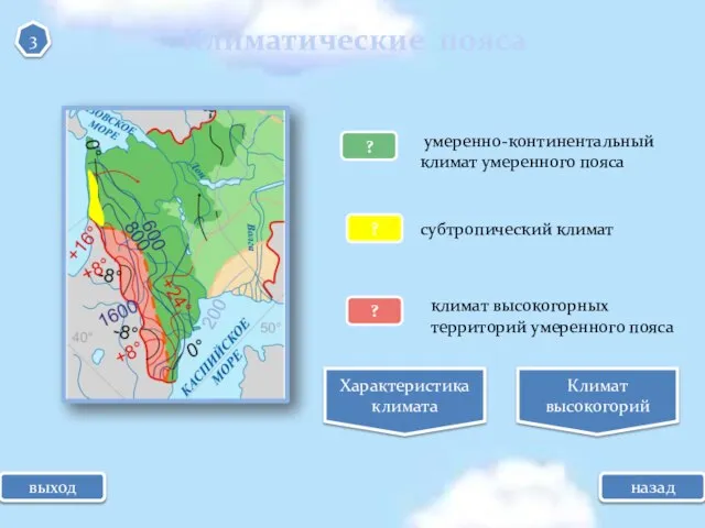 выход Климатические пояса 3 назад ? ? ? умеренно-континентальный климат умеренного