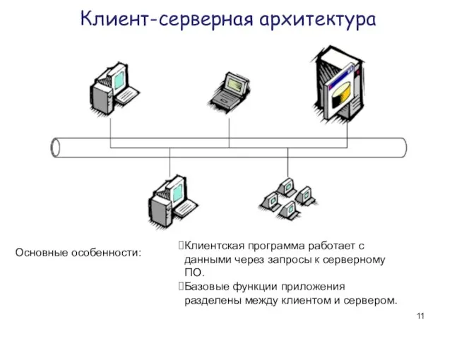 Клиент-серверная архитектура Основные особенности: Клиентская программа работает с данными через запросы