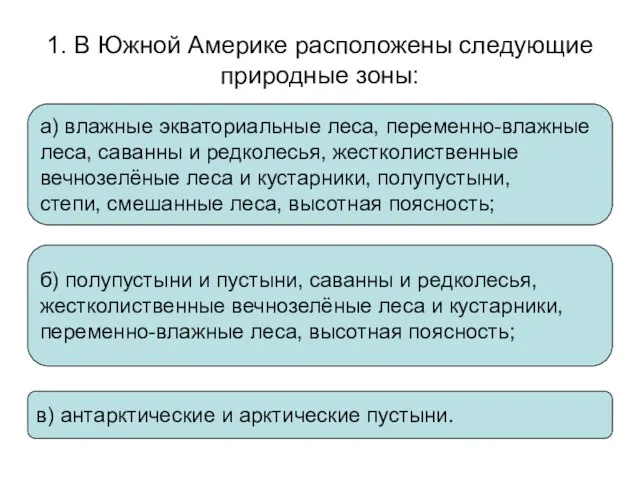 1. В Южной Америке расположены следующие природные зоны: а) влажные экваториальные