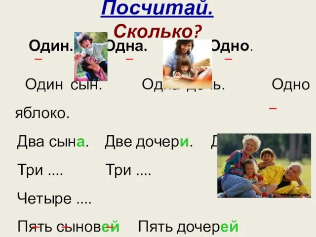 Посчитай. Сколько? Один. Одна. Одно. Один сын. Одна дочь. Одно яблоко.