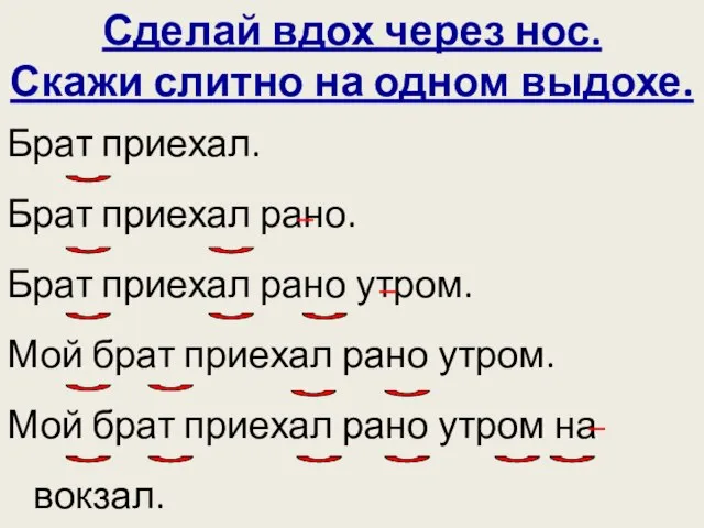 Сделай вдох через нос. Скажи слитно на одном выдохе. Брат приехал.