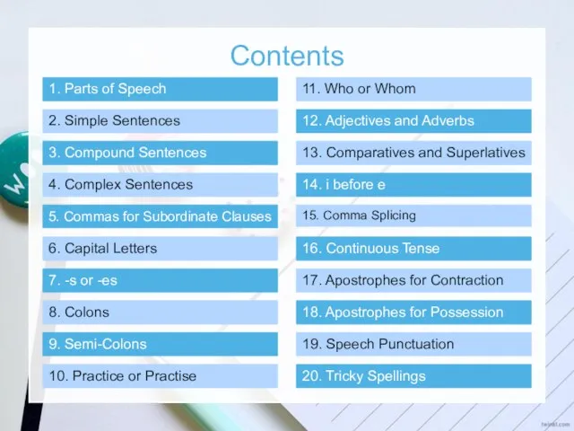 Contents 1. Parts of Speech 2. Simple Sentences 3. Compound Sentences