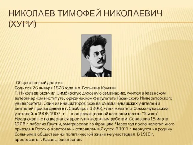 НИКОЛАЕВ ТИМОФЕЙ НИКОЛАЕВИЧ (ХУРИ) Общественный деятель Родился 26 января 1878 года