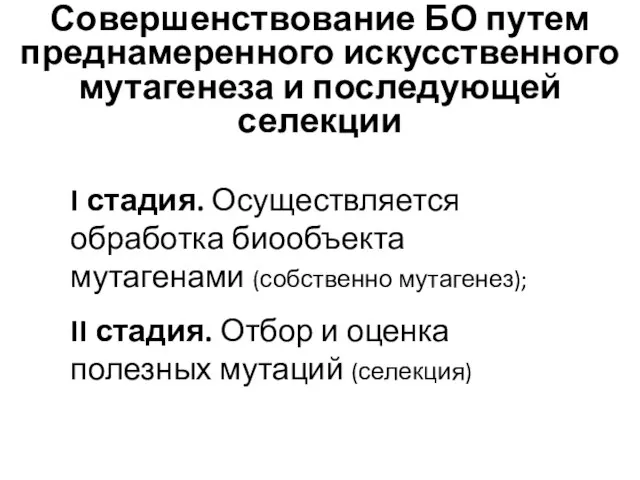 Совершенствование БО путем преднамеренного искусственного мутагенеза и последующей селекции I стадия.