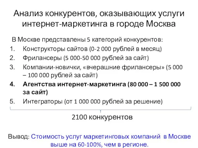 Анализ конкурентов, оказывающих услуги интернет-маркетинга в городе Москва В Москве представлены