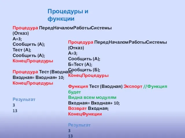 Процедуры и функции Процедура ПередНачаломРаботыСистемы (Отказ) А=3; Сообщить (А); Тест (А);