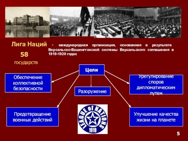 Лига Наций - международная организация, основанная в результате Версальско-Вашингтонской системы Версальского