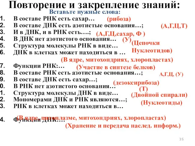 Повторение и закрепление знаний: Вставьте нужные слова: В составе РНК есть