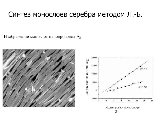 Синтез монослоев серебра методом Л.-Б. Количество монослоев Изменение массы мг/см2 Изображение монослоя нанопроволок Ag