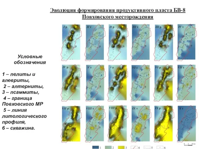 Эволюция формирования продуктивного пласта БВ-8 Повховского месторождения Условные обозначения 1 –