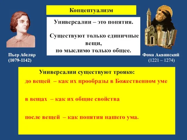 Концептуализм Универсалии существуют трояко: до вещей – как их прообразы в