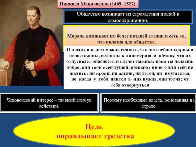 Никколо Макиавелли (1469–1527) Общество возникает из стремления людей к самосохранению. Мораль