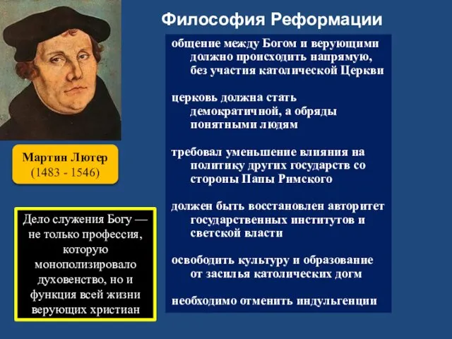 Философия Реформации Мартин Лютер (1483 - 1546) общение между Богом и