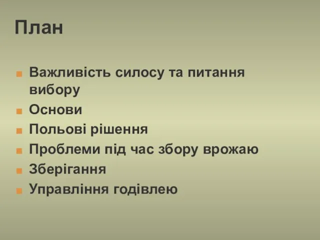 План Важливість силосу та питання вибору Основи Польові рішення Проблеми під