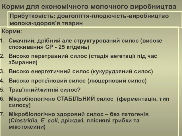 Корми для економічного молочного виробництва Прибутковість: довголіття-плодючість-виробництво молока-здоров'я тварин Корми: Смачний,