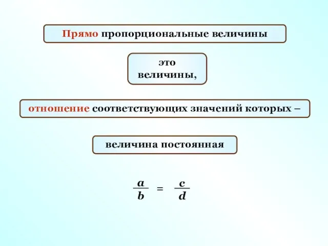 Прямо пропорциональные величины отношение соответствующих значений которых – это величины, величина постоянная =