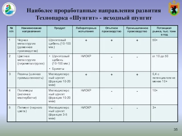 Наиболее проработанные направления развития Технопарка «Шунгит» - исходный шунгит