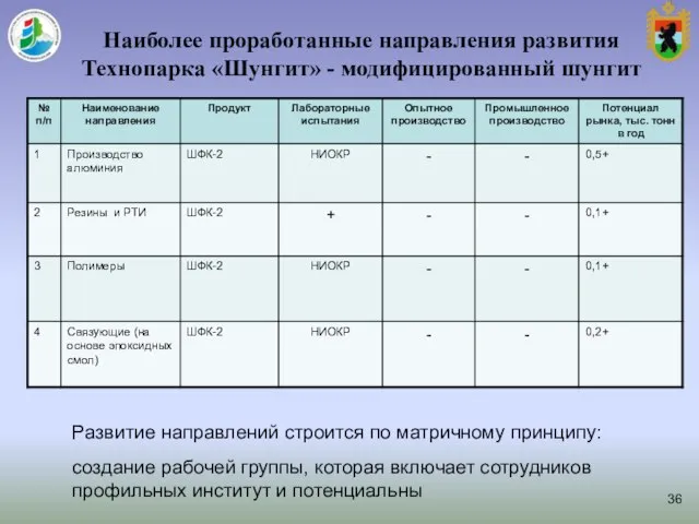 Наиболее проработанные направления развития Технопарка «Шунгит» - модифицированный шунгит Развитие направлений