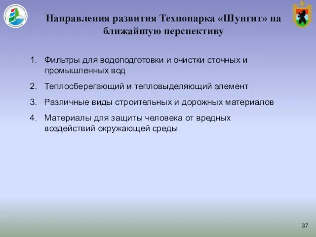 Направления развития Технопарка «Шунгит» на ближайшую перспективу Фильтры для водоподготовки и