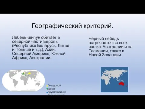 Географический критерий. Лебедь-шипун обитает в северной части Европы(Республике Беларусь, Литве и