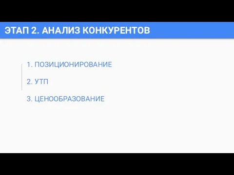 ЭТАП 2. АНАЛИЗ КОНКУРЕНТОВ 1. ПОЗИЦИОНИРОВАНИЕ 2. УТП 3. ЦЕНООБРАЗОВАНИЕ